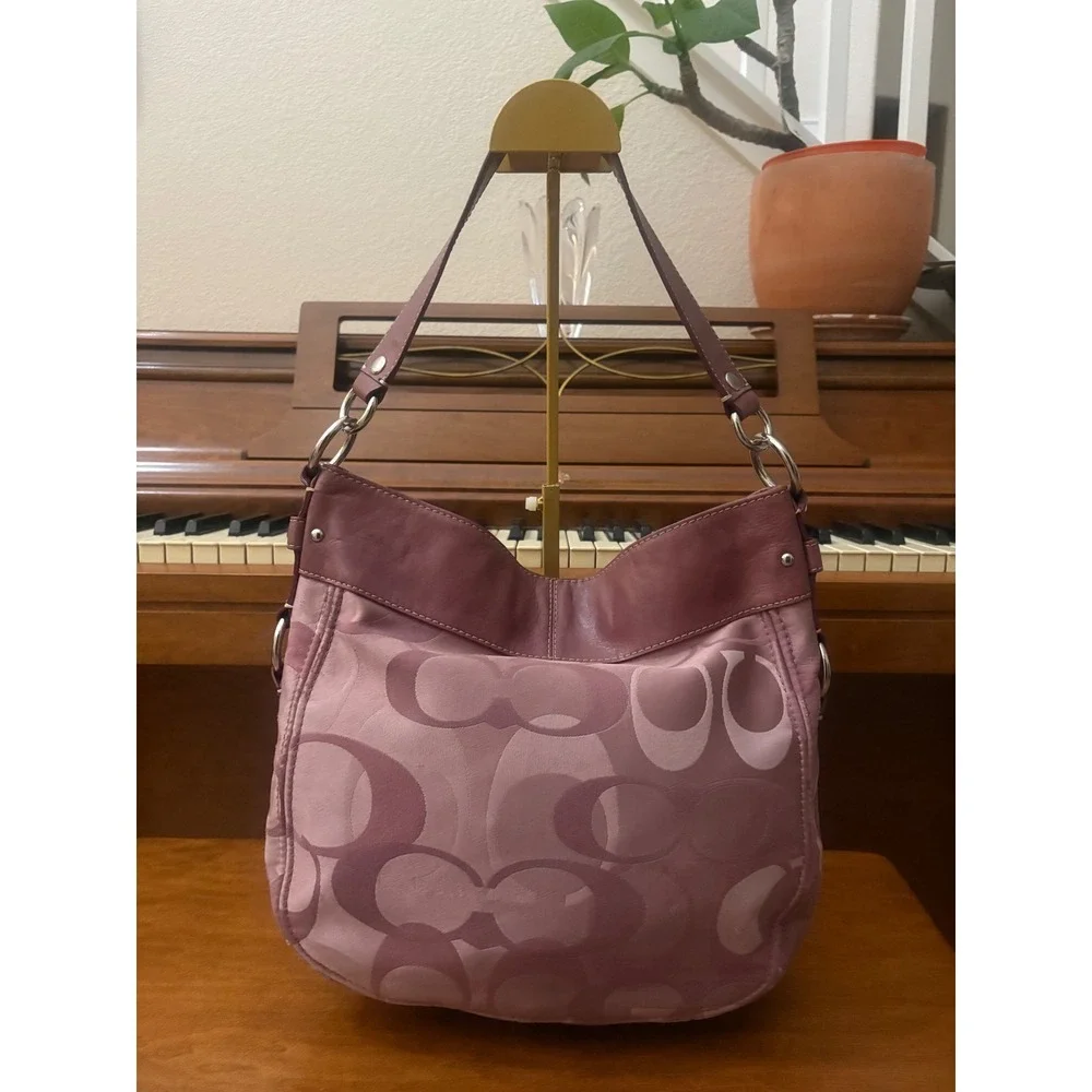 Coach Signature Satin Hobo‎ Plum Purple Leather Trim Shoulder Bag Y2K